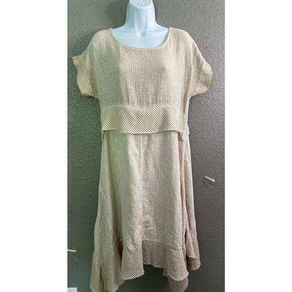 Contessa Teresa Midi Shift Dress M Sand Linen Cotton Lagenlook Boho Casual ITALY - Picture 2 of 11